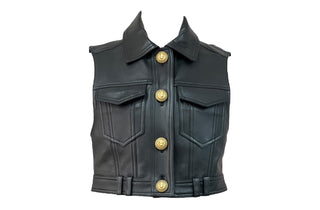 Balmain Black Leather Vest & Skirt Set with Gold Lion Buttons