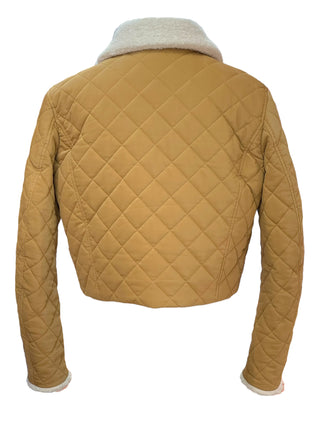 Chanel Camel Quilted Padded Jacket With Shearling Collar & Silver CC Buttons