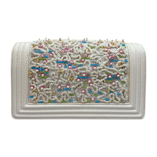 Chanel White Leather and Tweed Beaded Embellished Medium Boy Bag