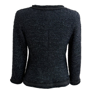 Chanel Navy Tweed Knit Jacket With Black Braided Trim And Button Front