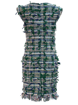 Chanel Green and Navy Textured Tweed Shift Dress With Frayed Trim