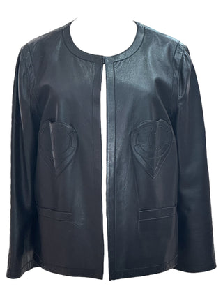 Chanel Black Lambskin Leather Jacket With Tonal Heart Logo Embroidery And Patch Pockets