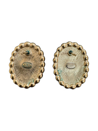 Chanel Oval Black Enamel Stud Earrings with Pearl Trim and Gold CC Logo