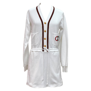 Gucci White GG Logo Embroidered Cinch Waisted Long Sleeves Mini Dress