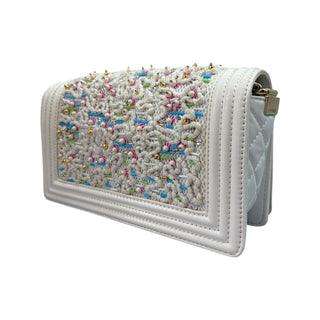 Chanel White Leather and Tweed Beaded Embellished Medium Boy Bag