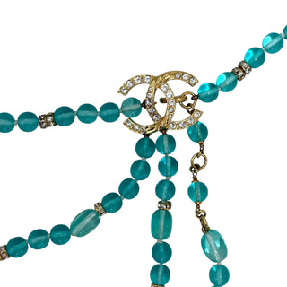 Chanel Turquoise Glass Bead & Crystal CC Logo Multi-Strand Chain Belt With Charms
