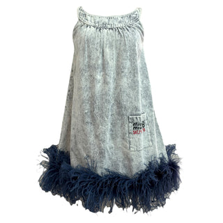 Miu Miu Grey Acid-Wash Denim Jacket and Dress Set with Navy Feather Trim