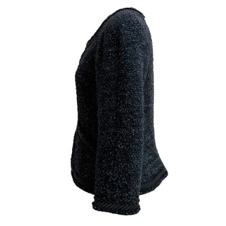 Chanel Navy Tweed Knit Jacket With Black Braided Trim And Button Front