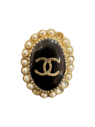Chanel Oval Black Enamel Stud Earrings with Pearl Trim and Gold CC Logo