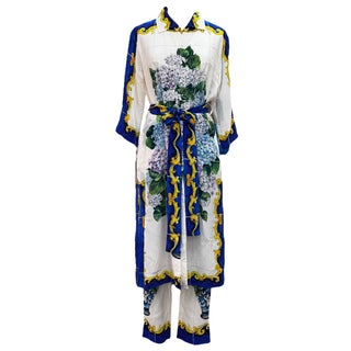 Dolce & Gabbana White Bouquet Printed Silk Button Down Belted Dress and Trousers Set