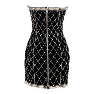 Balmain Black Velvet Crystal-Embellished Strapless Mini Dress