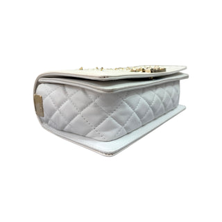 Chanel White Leather and Tweed Beaded Embellished Medium Boy Bag