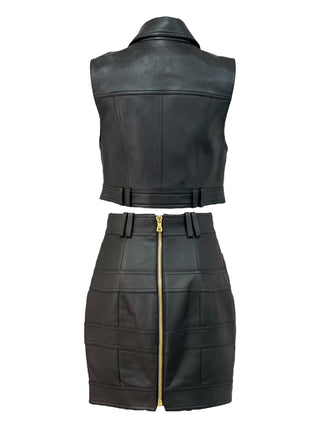Balmain Black Leather Vest & Skirt Set with Gold Lion Buttons