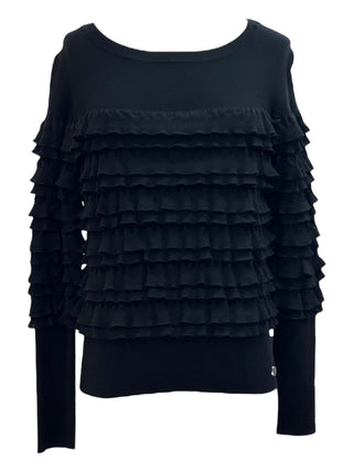 Chanel Black Ruffle Panel Knit Sweater With Tiered Texture
