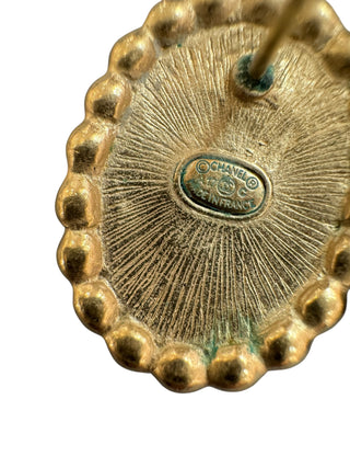 Chanel Oval Black Enamel Stud Earrings with Pearl Trim and Gold CC Logo