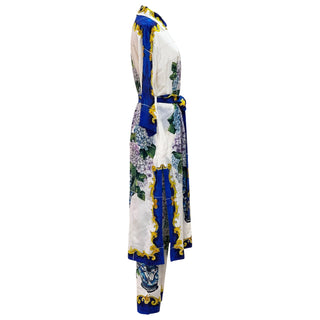 Dolce & Gabbana White Bouquet Printed Silk Button Down Belted Dress and Trousers Set