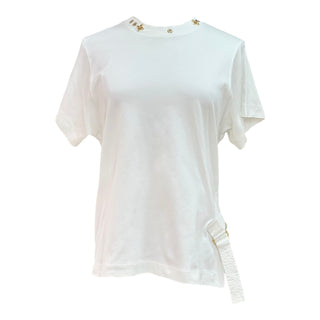 Louis Vuitton White Cotton T-Shirt with Gold-Tone Monogram Buttons & Side Strap Detail