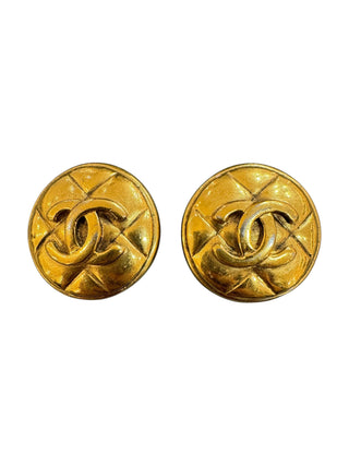 Chanel Vintage Quilted Gold-Tone Round Earrings With CC Logo