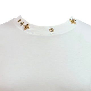 Louis Vuitton White Cotton T-Shirt with Gold-Tone Monogram Buttons & Side Strap Detail