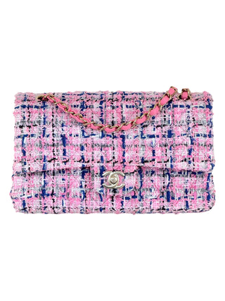 Chanel Pink Multicoloured Tweed Classic Double Flap Bag With Gold Hardware