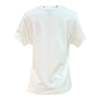 Louis Vuitton White Cotton T-Shirt with Gold-Tone Monogram Buttons & Side Strap Detail