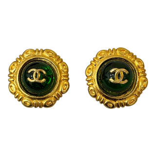 Chanel Vintage Gold & Green Gripoix CC Clip-On Earrings