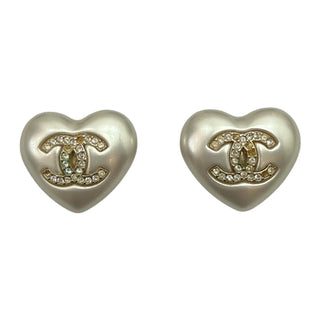 Chanel White Metallic Heart Crystal CC Stud Earrings