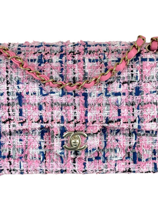 Chanel Pink Multicoloured Tweed Classic Double Flap Bag With Gold Hardware
