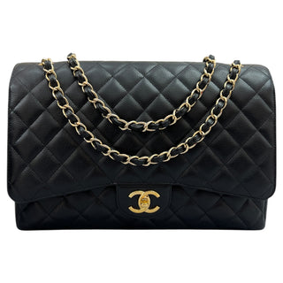 Chanel Black Maxi Double Flap Bag In Caviar Leather With Gold Hardware