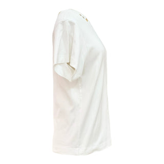 Louis Vuitton White Cotton T-Shirt with Gold-Tone Monogram Buttons & Side Strap Detail