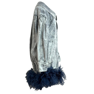 Miu Miu Grey Acid-Wash Denim Jacket and Dress Set with Navy Feather Trim