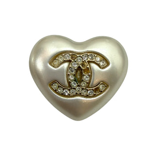 Chanel White Metallic Heart Crystal CC Stud Earrings