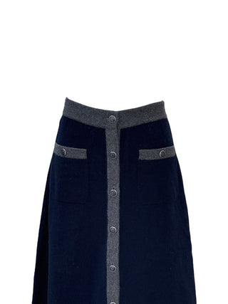 Chanel Navy & Grey Trim Knit Midi Skirt With CC Buttons