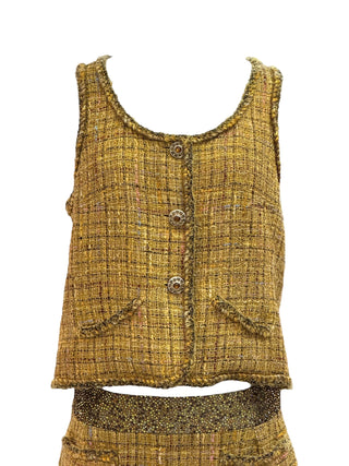Chanel Golden Tweed Two-Piece Set With Sleeveless Button-Up Top And Mini Skirt