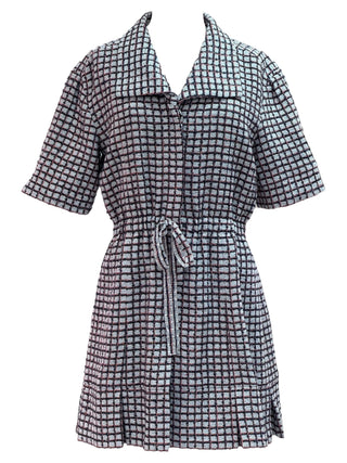 Chanel Grey Checkered Short-Sleeve Shirt Dress With Drawstring Waist