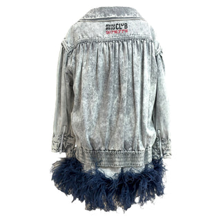 Miu Miu Grey Acid-Wash Denim Jacket and Dress Set with Navy Feather Trim