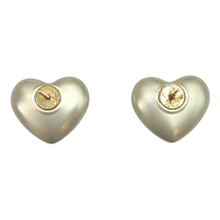 Chanel White Metallic Heart Crystal CC Stud Earrings