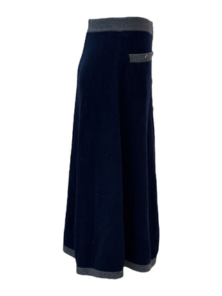 Chanel Navy & Grey Trim Knit Midi Skirt With CC Buttons