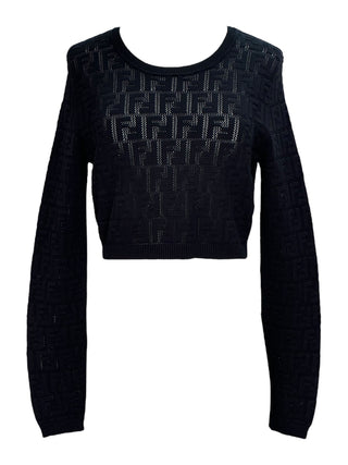 Fendi Black FF Logo Open-Knit Cropped Sweater