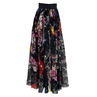 Dolce & Gabbana Black Flower Printed Silk Midi Skirt
