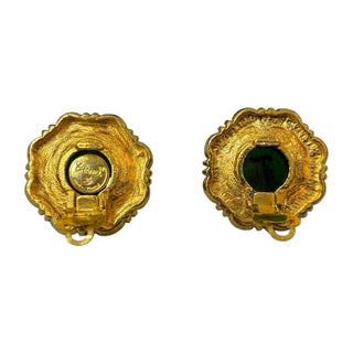 Chanel Vintage Gold & Green Gripoix CC Clip-On Earrings