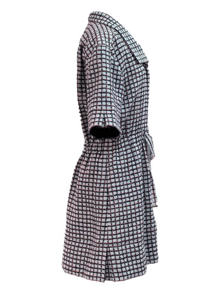 Chanel Grey Checkered Short-Sleeve Shirt Dress With Drawstring Waist