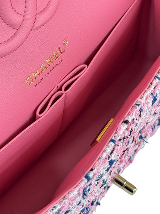 Chanel Pink Multicoloured Tweed Classic Double Flap Bag With Gold Hardware