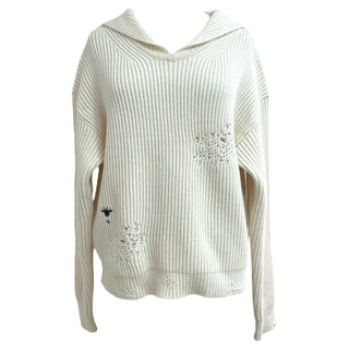 Christian Dior White Distressed Knit Hoodie With Bee Embroidery