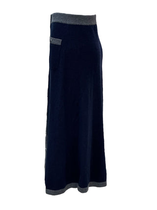 Chanel Navy & Grey Trim Knit Midi Skirt With CC Buttons