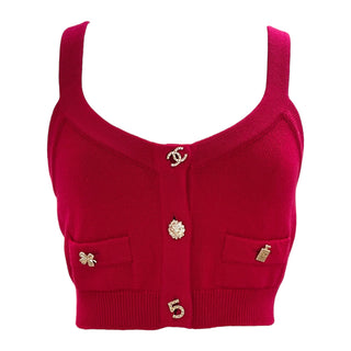 Chanel Fuchsia Cashmere Knit Crop Top with Gold Iconic Motif Buttons