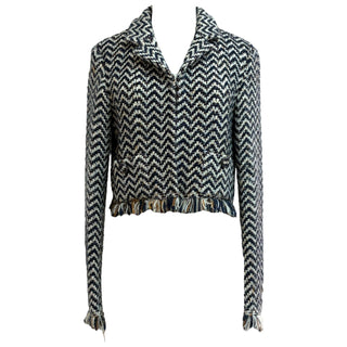 Chanel Navy & Cream Chevron Tweed Fringed Jacket