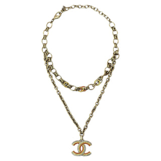 Chanel Gold-Tone Multicoloured Crystal CC Pendant Chain Necklace