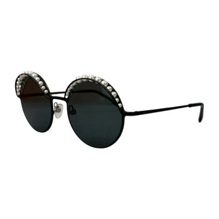 Chanel Black Round Pearl-Embellished Sunglasses With Dark Lenses