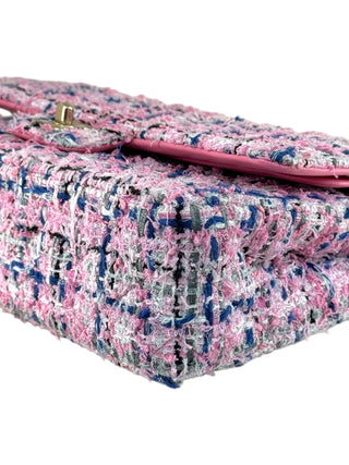 Chanel Pink Multicoloured Tweed Classic Double Flap Bag With Gold Hardware